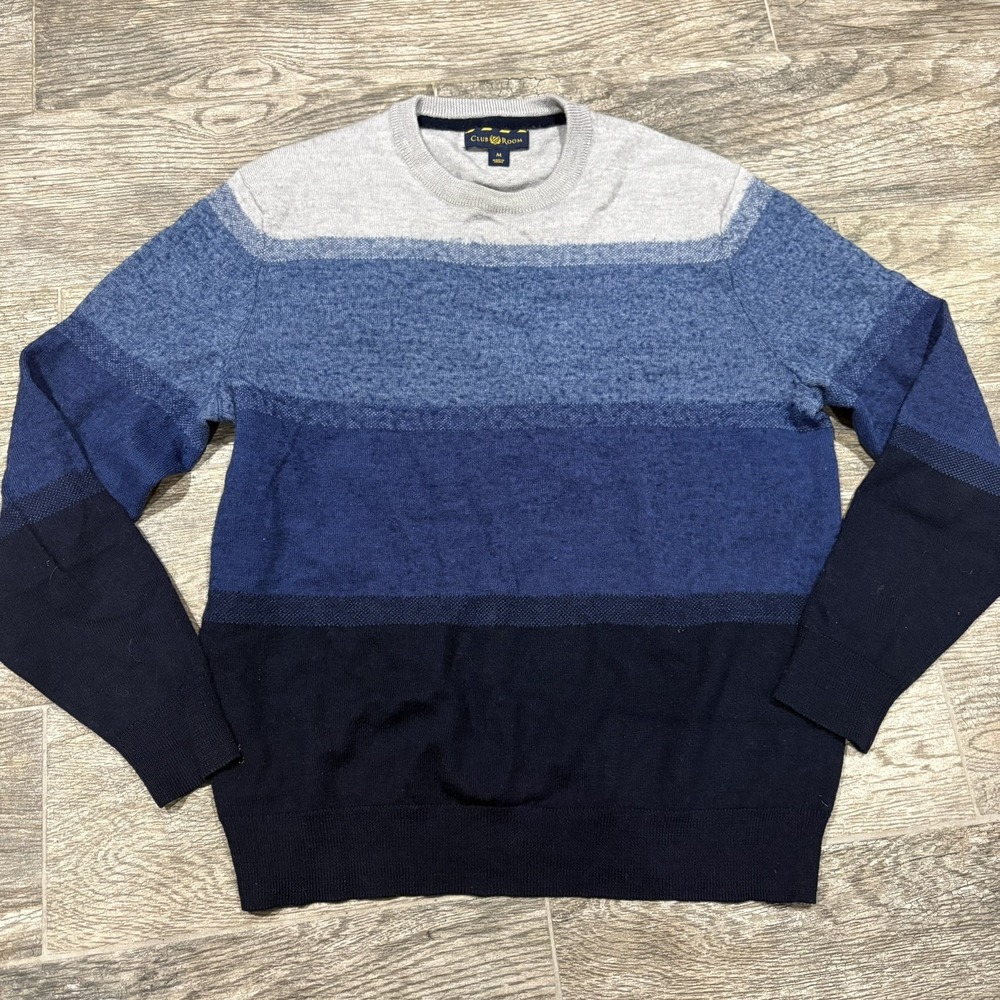Club Room Blue Gray Merino Wool Blend Striped Sweater Mens sz M Preppy Classic
